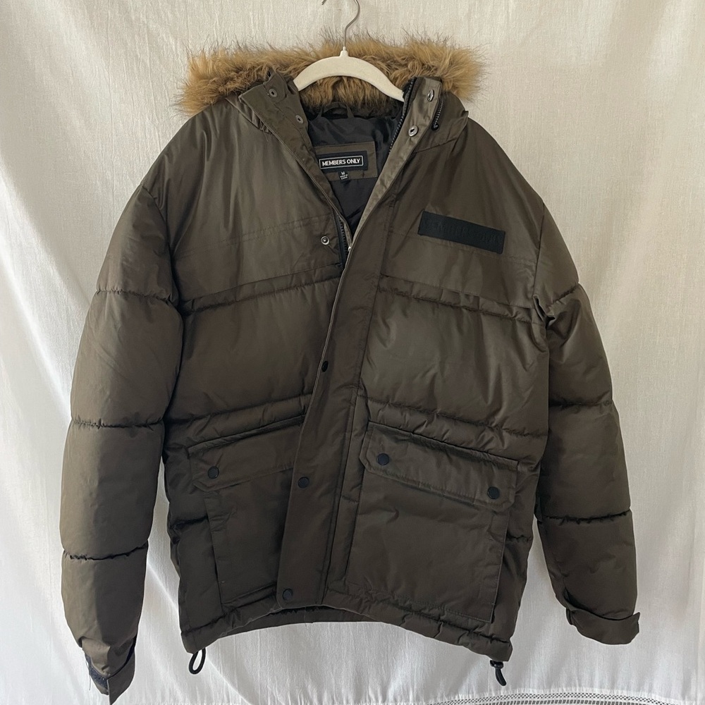 Members Only Olive Puffer Jacket with Fur Hood